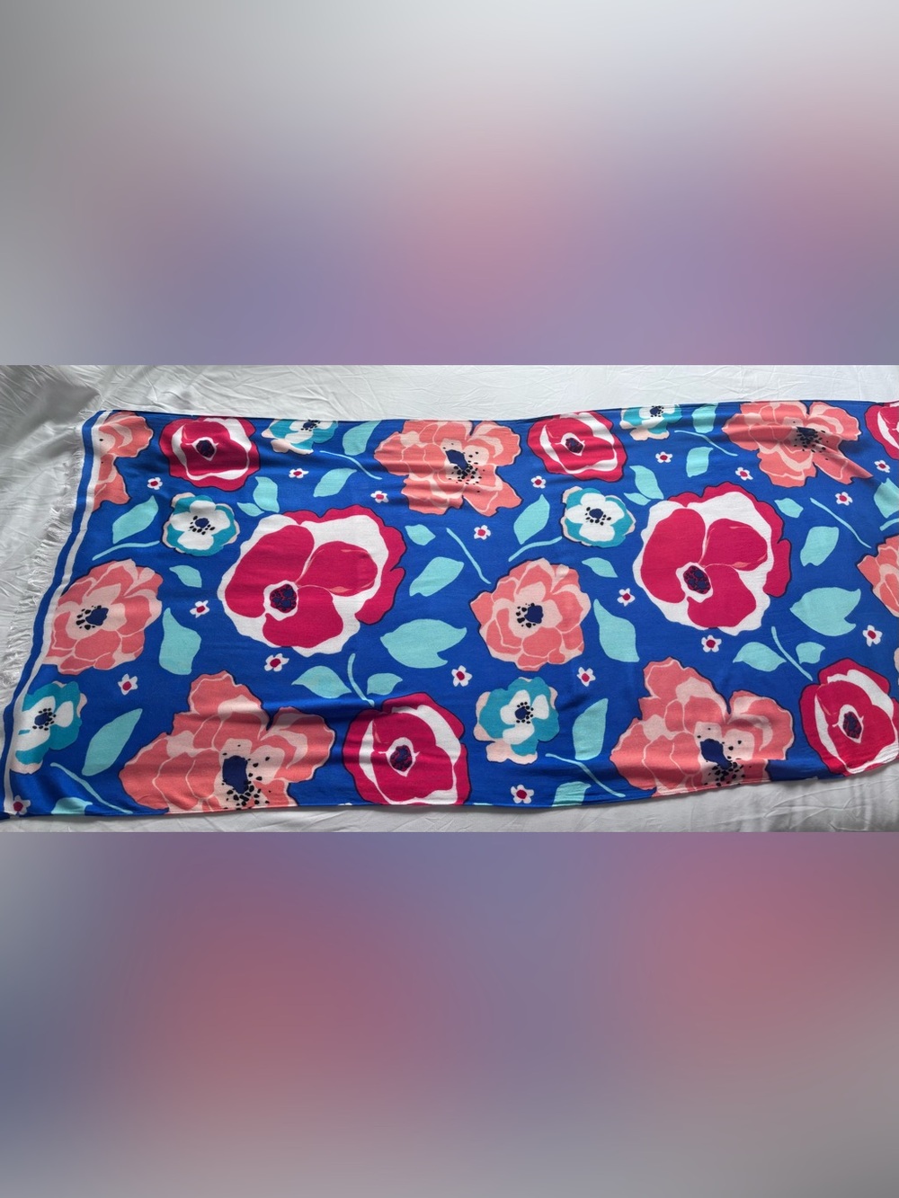 Kate Spade Blue Floral scarf with Pink and Coral Blooms
